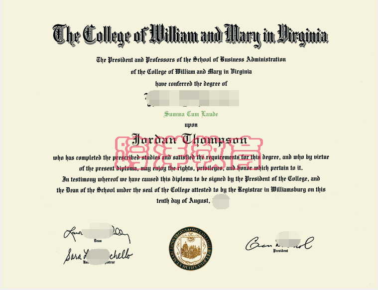 威廉玛丽学院(W&M)毕业证样本.png 威廉玛丽学院(W&M)毕业证样本.png